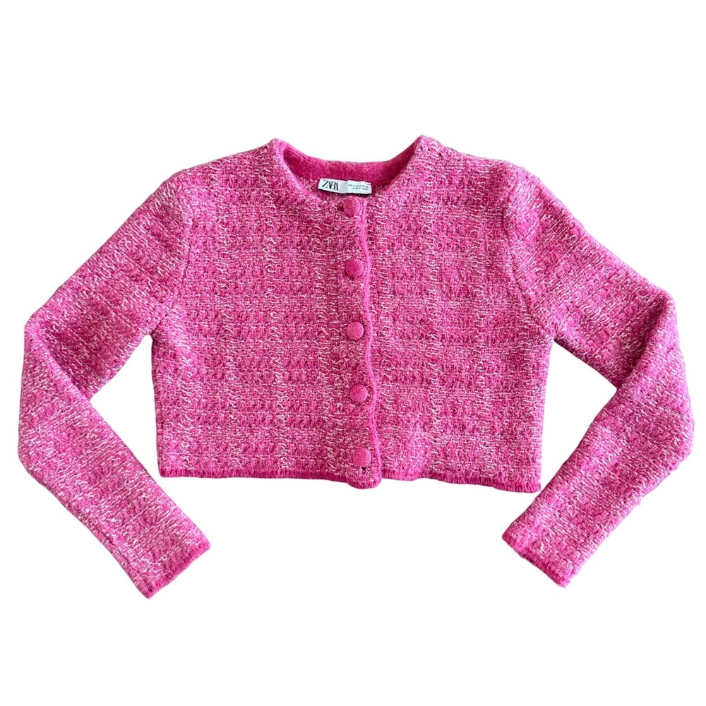 Zara Pink Textured Knit Cropped Cardigan Metallic Bouclé Button Front Small